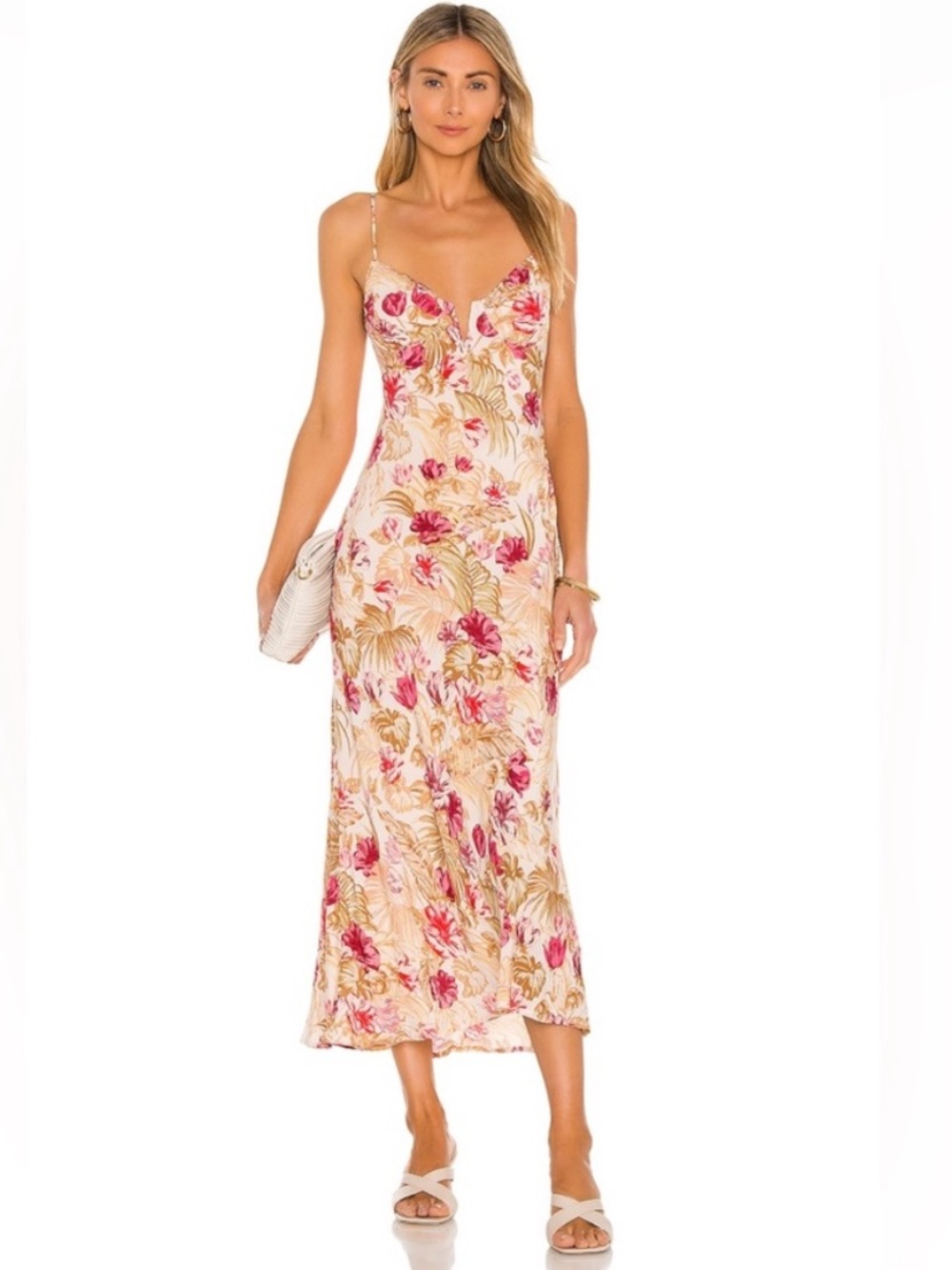 NWT Astr Coralie Floral Slip Midi Dress in Pink and Cream